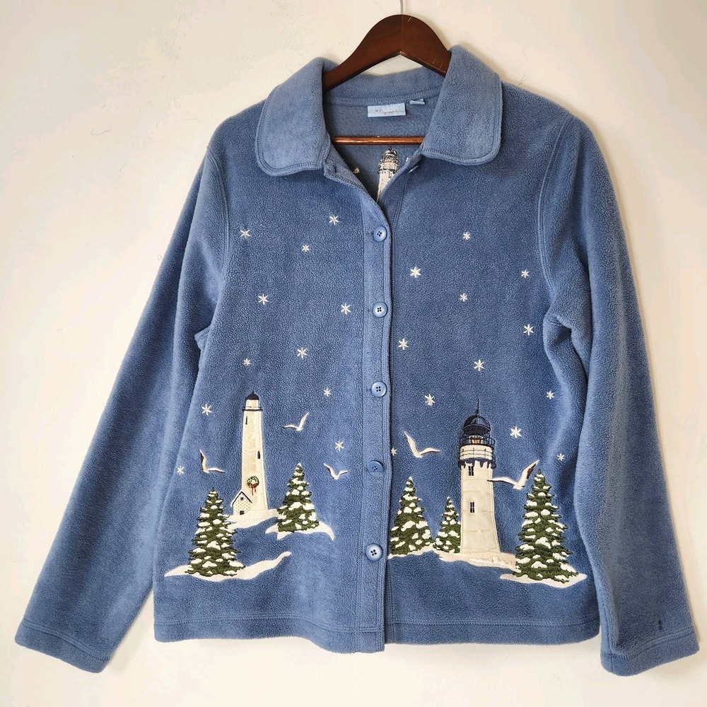 Vintage Y2K Lighthouse Fleece Jacket L Embroidered Coastal Christmas Grannycore